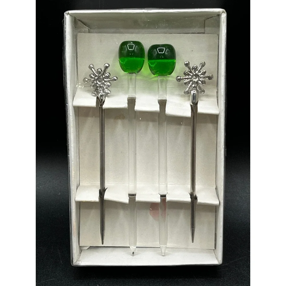Set of 4 Cocktail Picks Glass Martini Olives Silver Snowflake Skewers Barware